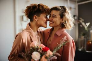 AI generated LGBT Lesbian couple love moments happiness.Lgbt relationship concept photo