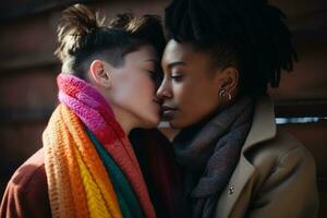 AI generated LGBT Lesbian couple love moments happiness.Lgbt relationship concept photo