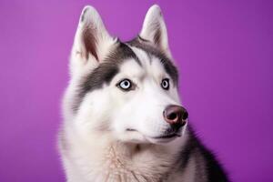 AI generated A close-up portrait of a husky dog with blue eyes and a purple background photo