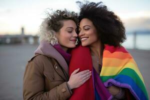 AI generated LGBT Lesbian couple love moments happiness.Lgbt relationship concept photo