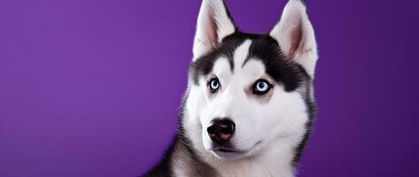 AI generated A close-up portrait of a husky dog with blue eyes and a purple background photo