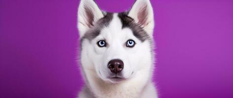 AI generated A close-up portrait of a husky dog with blue eyes and a purple background photo