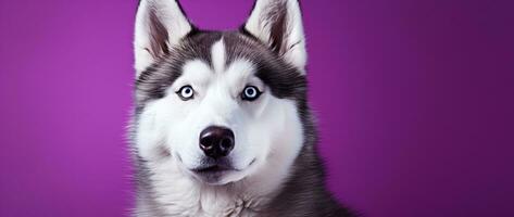 AI generated A close-up portrait of a husky dog with blue eyes and a purple background photo