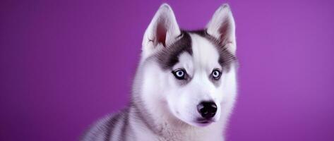 AI generated A close-up portrait of a husky dog with blue eyes and a purple background photo