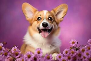 ai generado linda galés corgi perro en un púrpura antecedentes foto