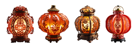 AI generated Chinese New Year lantern lamp decoration set with transparent background, generative ai png