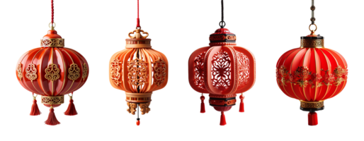 AI generated Chinese New Year lantern lamp decoration set with transparent background, generative ai png