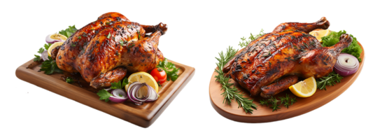 AI generated grilled chicken dish on wooden coaster on transparent background, generative ai png