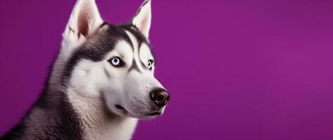 AI generated A close-up portrait of a husky dog with blue eyes and a purple background photo