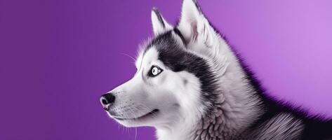 AI generated A close-up portrait of a husky dog with blue eyes and a purple background photo