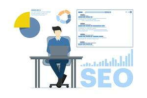 SEO analysis concept. top ranking. The SEO optimization graph is rising and the big arrow is pointing upwards. performance marketing, analytics and search engine rankings. Vector illustration.