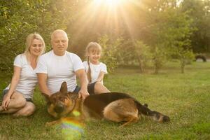 retrato de alegre extendido familia sentado en el parque foto