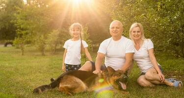 Portrait of an extended family with their pet dog sitting at the park photo