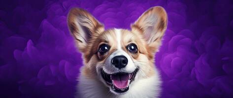 ai generado linda galés corgi perro en un púrpura antecedentes foto
