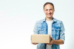 man carries the box, isolated, white background photo