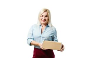 picture of attractive businesswoman delivering cardboard box photo