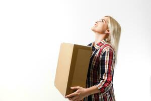 picture of attractive businesswoman delivering cardboard box photo