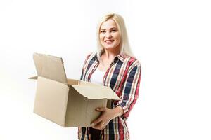 picture of attractive businesswoman delivering cardboard box photo