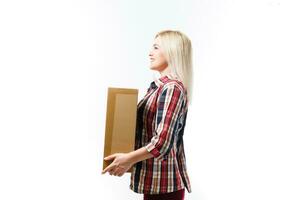 picture of attractive businesswoman delivering cardboard box photo