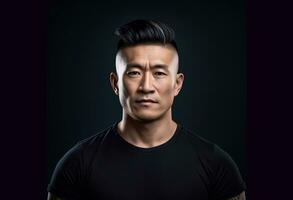 ai generado retrato de un asiático hombre con un de moda peinado en un oscuro antecedentes. comercial fotografía foto