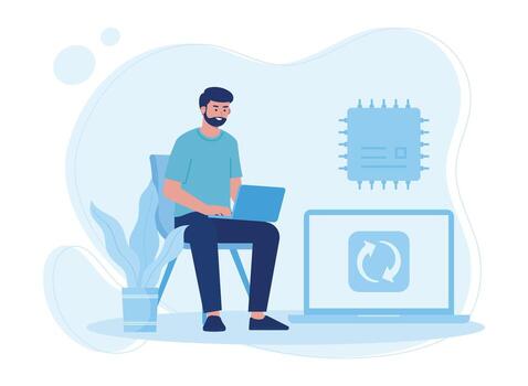 the system automatically backs up data with the cloud concept flat illustratiuon vector