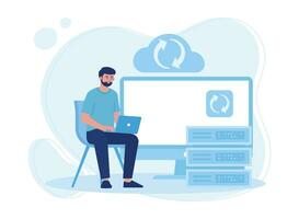 man backup database via laptop concept flat illustratiuon vector