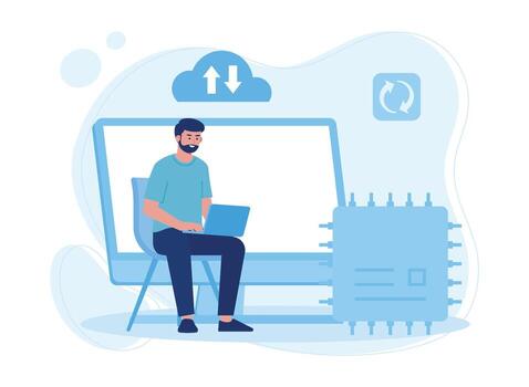 man backup, upload, download database with laptop concept flat illustratiuon vector