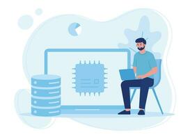 the system automatically backs up data with the cloud concept flat illustratiuon vector