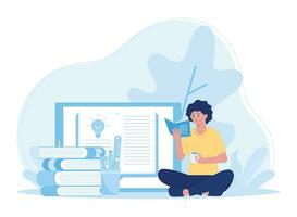 mujer leyendo libro en línea concepto plano ilustración vector