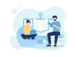 people read and search for knowledge in books and on the internet concept flat illustratiuon vector