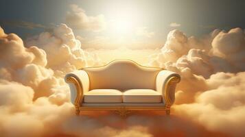 AI generated Generative AI, Golden and white fantastic 3d clouds with sofa in the sky. Gentle colors and with bright lights. photo