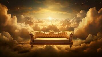 AI generated Generative AI, Golden and white fantastic 3d clouds with sofa in the sky. Gentle colors and with bright lights. photo