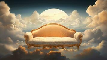 AI generated Generative AI, Golden and white fantastic 3d clouds with sofa in the sky. Gentle colors and with bright lights. photo