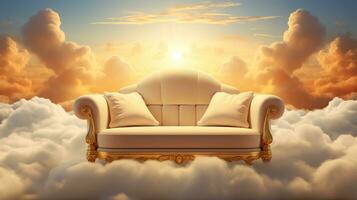AI generated Generative AI, Golden and white fantastic 3d clouds with sofa in the sky. Gentle colors and with bright lights. photo