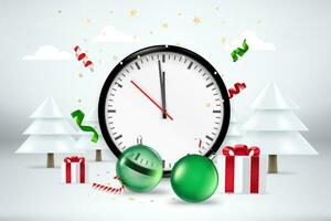 Happy new 2024 year concept. Bright room with holiday elements and clock. 3d style vector banner