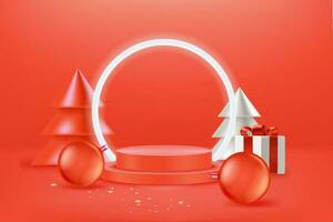 Christmas greeting card with abstract pines, gift box and red baubles. 3d vector banner with copy space