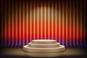 Abstract vibrant studio with stripes and podium. Design product template. 3d vector mockup