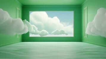 AI generated Generative AI, Green fantastic 3d clouds in the room interior, sky and landscape. Gentle colors and with bright lights.. photo