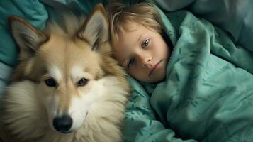 ai generado generativo ai, linda niño y perro dormido en acogedor calentar cobija en el cama, amistad concepto, higge estilo, apagado estético colores foto