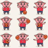 Funny Pig Basketball cartoon set. Pig Basketball set. Cute cartoon character vector set isolated on a white background. Cartoon animal sport. Animal cartoon.
