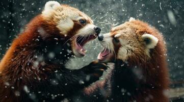 ai generado dos rojo panda cachorros luchando en el lluvia con cada otro, foto