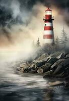 AI generated water lighthouse seashore and fog, photo