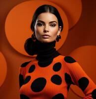 AI generated the model is wearing an orange and black knit turtleneck sweater, photo