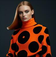 AI generated the model is wearing an orange and black knit turtleneck sweater, photo