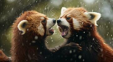 ai generado dos rojo panda cachorros luchando en el lluvia con cada otro, foto