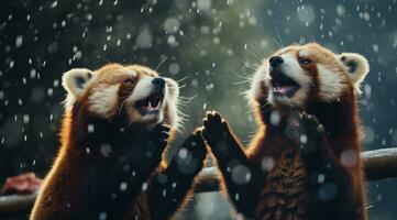 AI generated two red panda cubs fighting in the rain with each other, photo