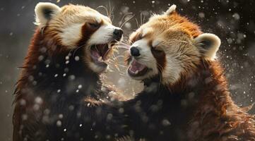 ai generado dos rojo panda cachorros luchando en el lluvia con cada otro, foto