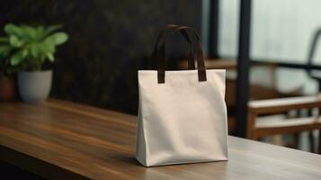 AI generated Vintage plain eco bag with black handle realistic on a mockup template in a table in a luxury home, photo