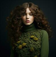 AI generated the beautiful young woman in a green wool turtleneck sweater, photo