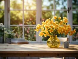 AI generated the kitchen table with flowers in front of it is in the garden, photo